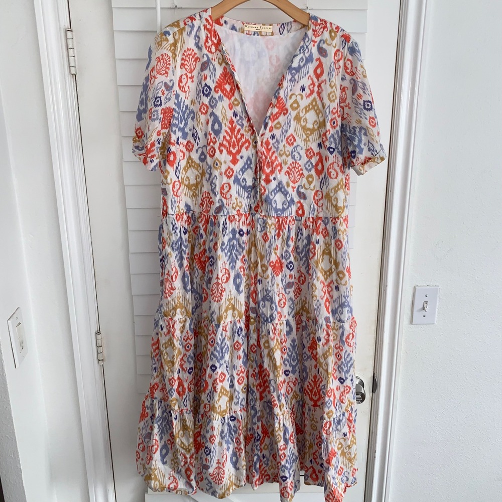 Wayward Fancies eShakti L Ikat Print Tiered Midi Dress Boho Dobby Cotton